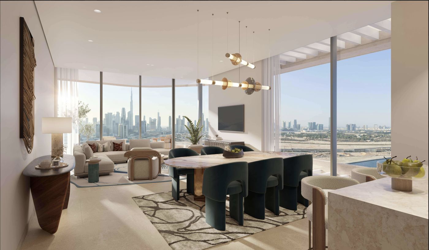 Living and dining with skyline view