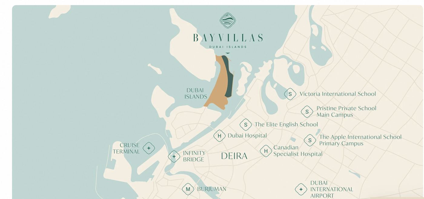 Map of Dubai Islands showing the community and nearby schools, hospitals and landmarks