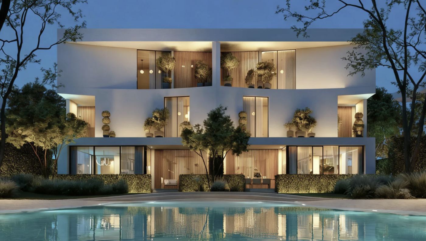 Detached villa at dusk