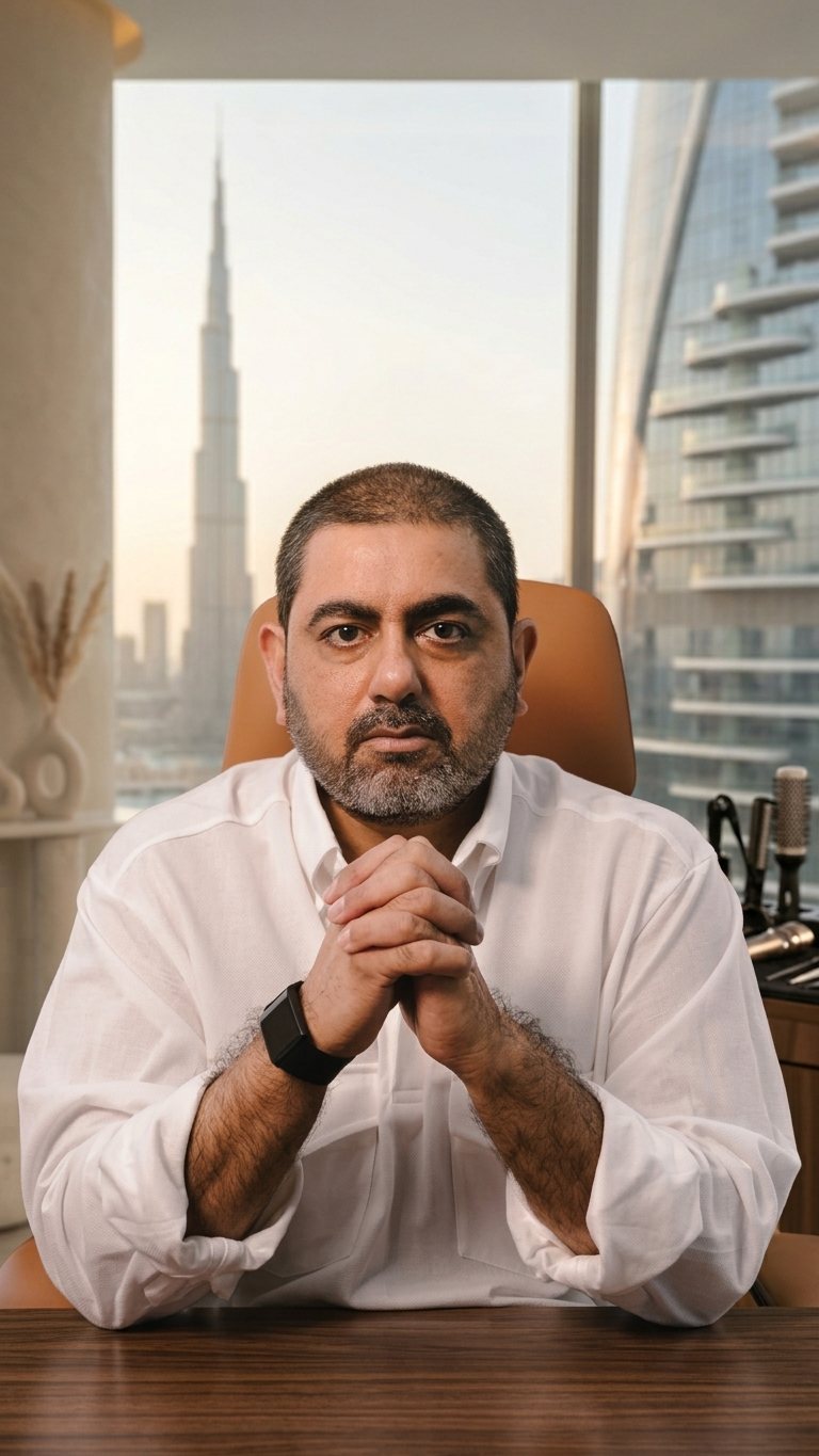 Ameen Rafay at his desk, Downtown Dubai behind him